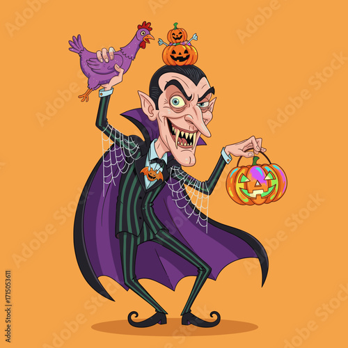 Playful cartoon vampire holding a chicken and pumpkins ready for Halloween festivities