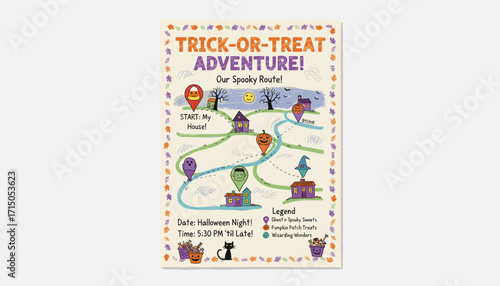 Colorful Halloween trickortreat adventure map showing a fun spooky route for candy collection