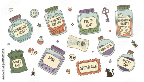 Whimsical magical ingredients and potion elements for fantasy Halloween or witchcraft themes