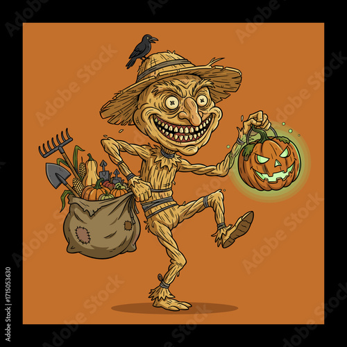Creepy scarecrow with glowing jackolantern and autumn harvest Halloween farm fun