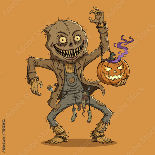 Spooky scarecrow with glowing jackolantern perfect for Halloween holiday designs and events