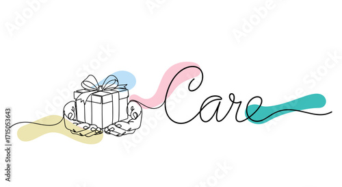 Minimalist gift box illustration with "Care" text