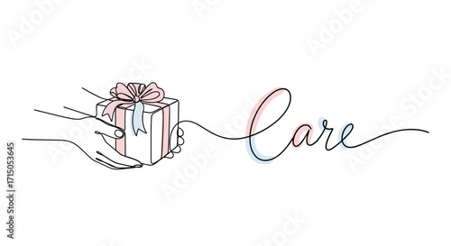 Hand giving a gift box with 'Care' text for thoughtful giving and meaningful connections