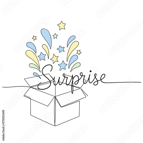 Open box with colorful confetti and 'Surprise' text for joyful celebrations and exciting moments