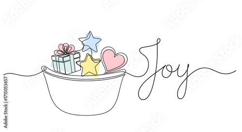 Bowl filled with gifts and stars featuring 'Joy' text for cheerful celebrations and special moments