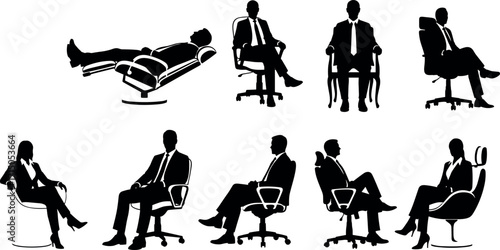 Business people sitting in office chairs silhouette set, formal posture collection for corporate design, workplace ergonomics, and furniture concepts