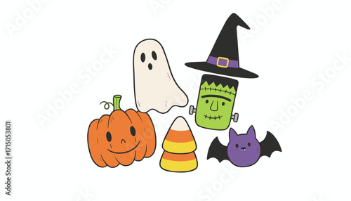 Cute Halloween characters illustration pumpkin ghost Frankenstein bat candy corn Festive seasonal fun