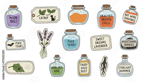 Whimsical magical potion ingredients and labels handdrawn for fantasy witchcraft or Halloween designs