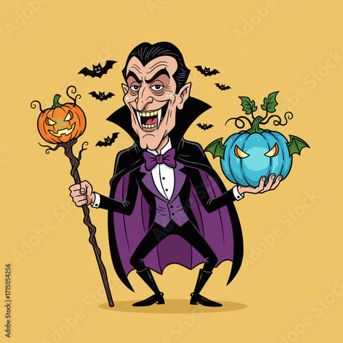 Smiling cartoon Dracula with spooky pumpkins and bats celebrating Halloween fun