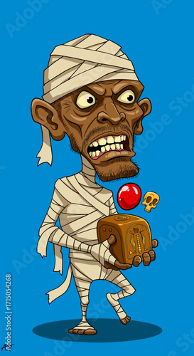 A cartoon mummy character holds an ancient relic surrounded by mystery and an ominous orb