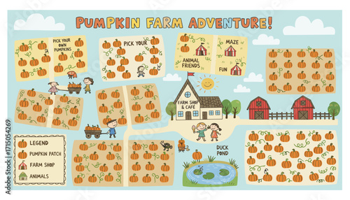Illustrated map of a fun pumpkin farm adventure for kids perfect for fall activities and family outings