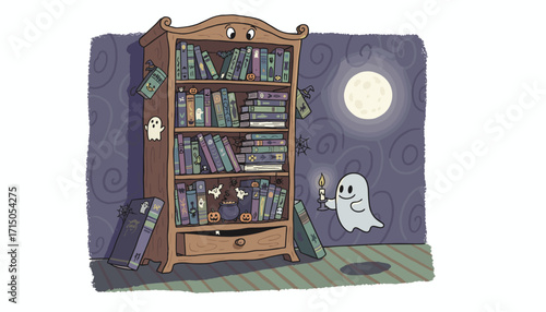 Friendly ghost with candle by a Halloween bookshelf under a full moon Spooky cozy night reading