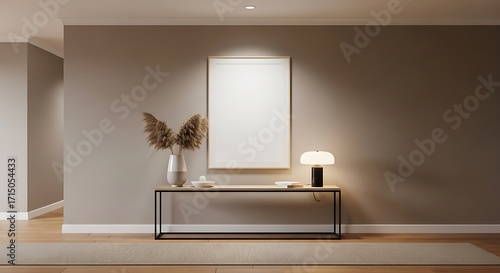 Modern entryway console table with artwork and lamp for elegant home decor
