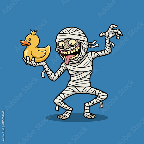 Crazy cartoon mummy holds a rubber duck with a crown Fun for Halloween kids and humor