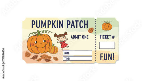 Pumpkin patch event ticket with cute cartoon girl pumpkins and fall leaves Autumn fun