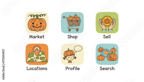 Pumpkinthemed marketplace icons for seasonal shopping selling and community engagement