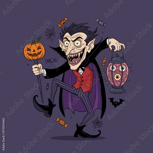 Grinning cartoon vampire with pumpkin staff and spooky eyeball lantern perfect for Halloween fun