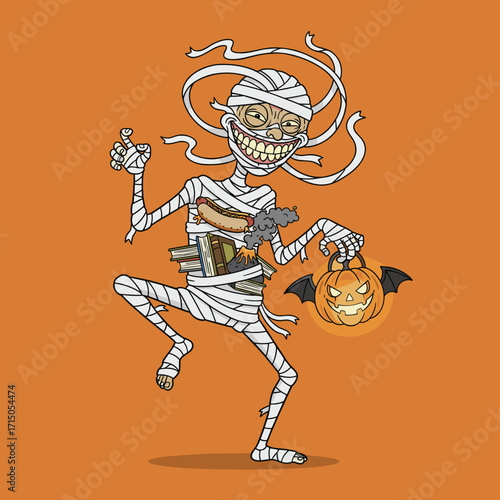 Smiling mummy with jackolantern books hot dog and volcano in chest for Halloween