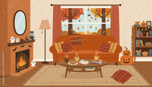 Cozy autumn living room with fireplace Halloween decor coffee and books for relaxing season