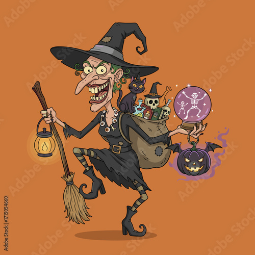 Mischievous Halloween witch with cat broom and spooky treasures for a festive celebration