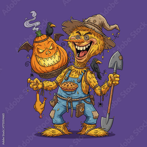 Crazy Halloween scarecrow with sinister pumpkin crows chicken and shovel Spooky autumn harvest character