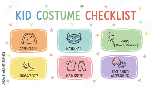 Childs costume checklist with handdrawn elements perfect for parties and creative play