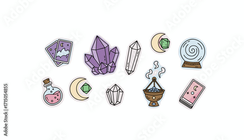 Collection of mystical and spiritual symbols for magic fortunetelling and wellness concepts
