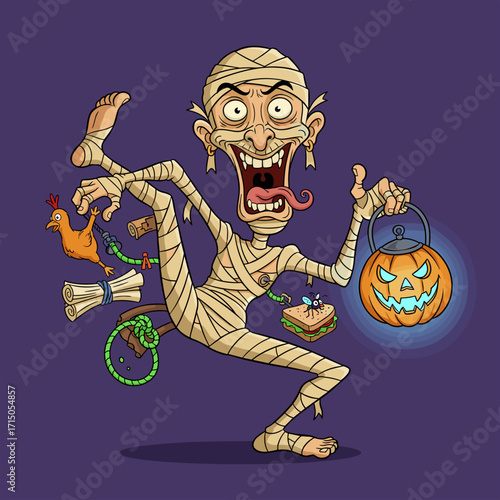 Funny cartoon mummy with jackolantern and bizarre accessories Halloween holiday concept