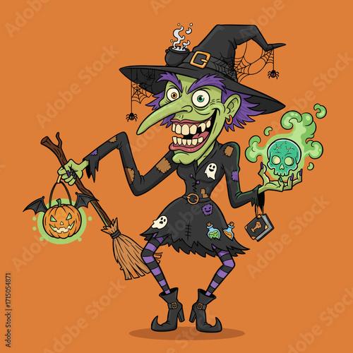 Smiling cartoon witch with broom pumpkin bucket and glowing skull for Halloween fun