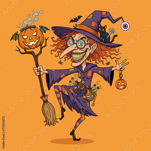 Quirky cartoon witch with broom pumpkins and black cat for festive Halloween fun