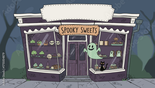 Whimsical Spooky Sweets bakery at night featuring a ghost black cat and Halloween treats