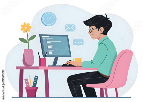 Business woman working on laptop on white background 