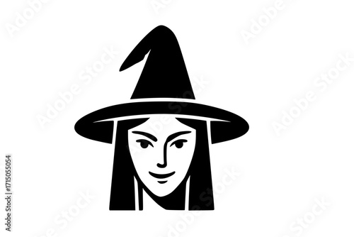 Dark black Witch Head Icon with Pointed Hat Isolated
