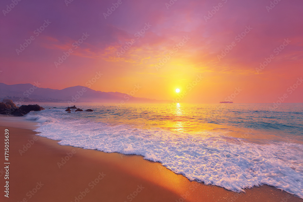 Obraz premium experience breathtaking beauty of summer sunrises and sunsets where ocean waves dance in soft golden glow of dawn