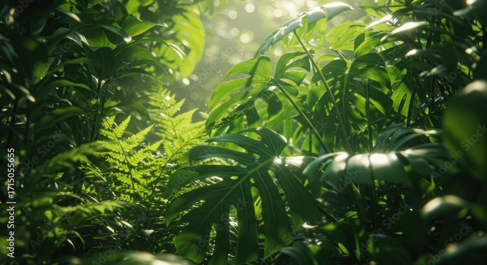 Obraz premium Lush greenery scene with bright monstera leaves and soft sunlight creating a serene natural ambiance