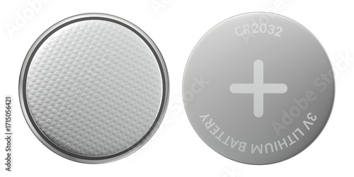 Front and back view of CR2032 lithium button cell battery on transparent background