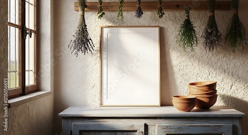 Rustic kitchen still life with herbs dried hanging and framed artwork bathed in soft window light