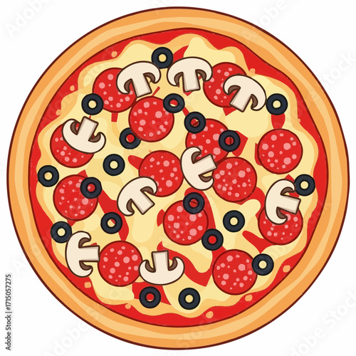 Top-down view of a pepperoni, mushroom, and olive pizza, showing the toppings arranged on a round crust.