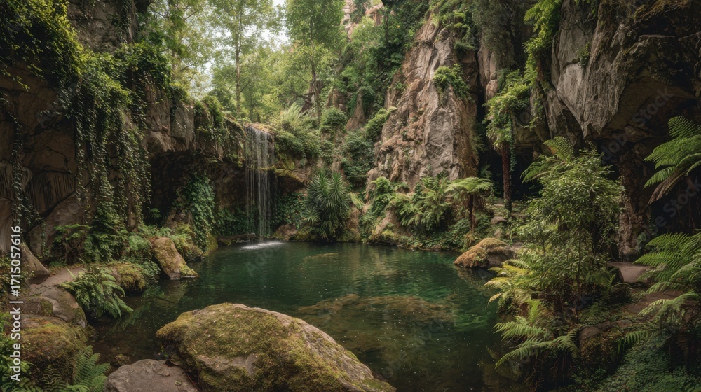 Fototapeta premium A serene oasis surrounded by dense greenery showcases a gentle waterfall flowing into still, clear water. Nature thrives in this peaceful environment, perfect for relaxation.