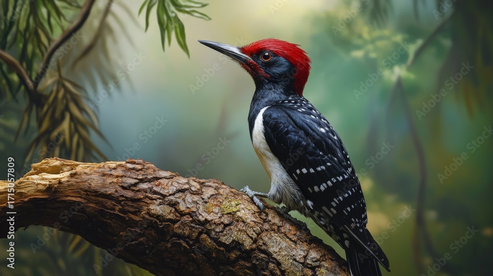 Fototapeta premium Detailed view of a woodpecker perched on a tree branch.