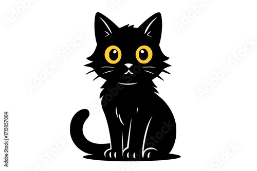 Cute Cartoon Black Cat with Big Yellow Eyes Isolated
