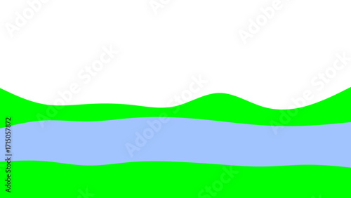 Minimalist landscape illustration featuring a serene river flowing through rolling green hills under a bright sky. Ideal for environmental concepts, travel, or graphic design.