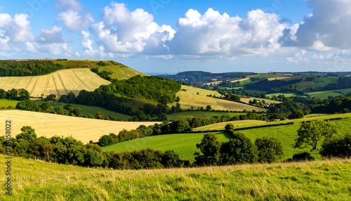 Panoramic view of rolling hills and fields