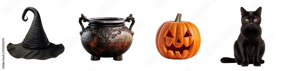 Fototapeta premium Witch hat, cauldron, black cat and jack-o’-lantern
