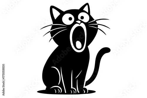 Isolated black cartoon cat with wide open mouth expression
