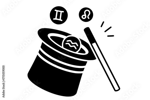 Isolated Magic Top Hat with Zodiac Signs and Wand Icon
