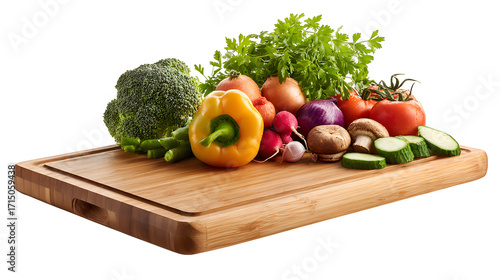 Fresh vegetables on cutting board isolated on white background
