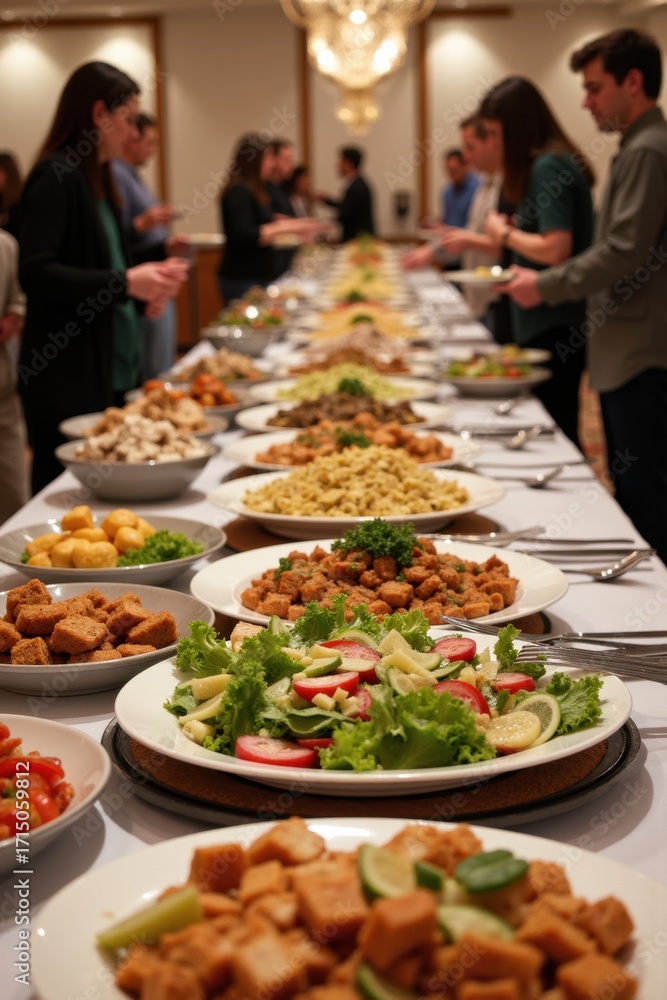 Obraz premium A long buffet table with salads, bread, and hot dishes in a bright banquet hall. People are serving themselves in the background