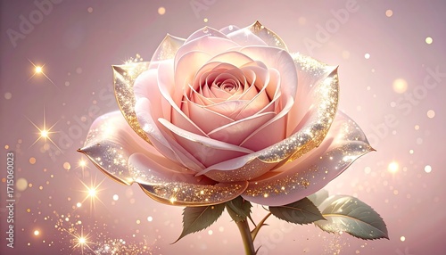 Sparkling Pink Rose with Gold Accents and Glittering Background
