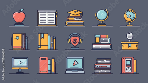 Education icons set - books, apple, globe, headphones, laptop, video.